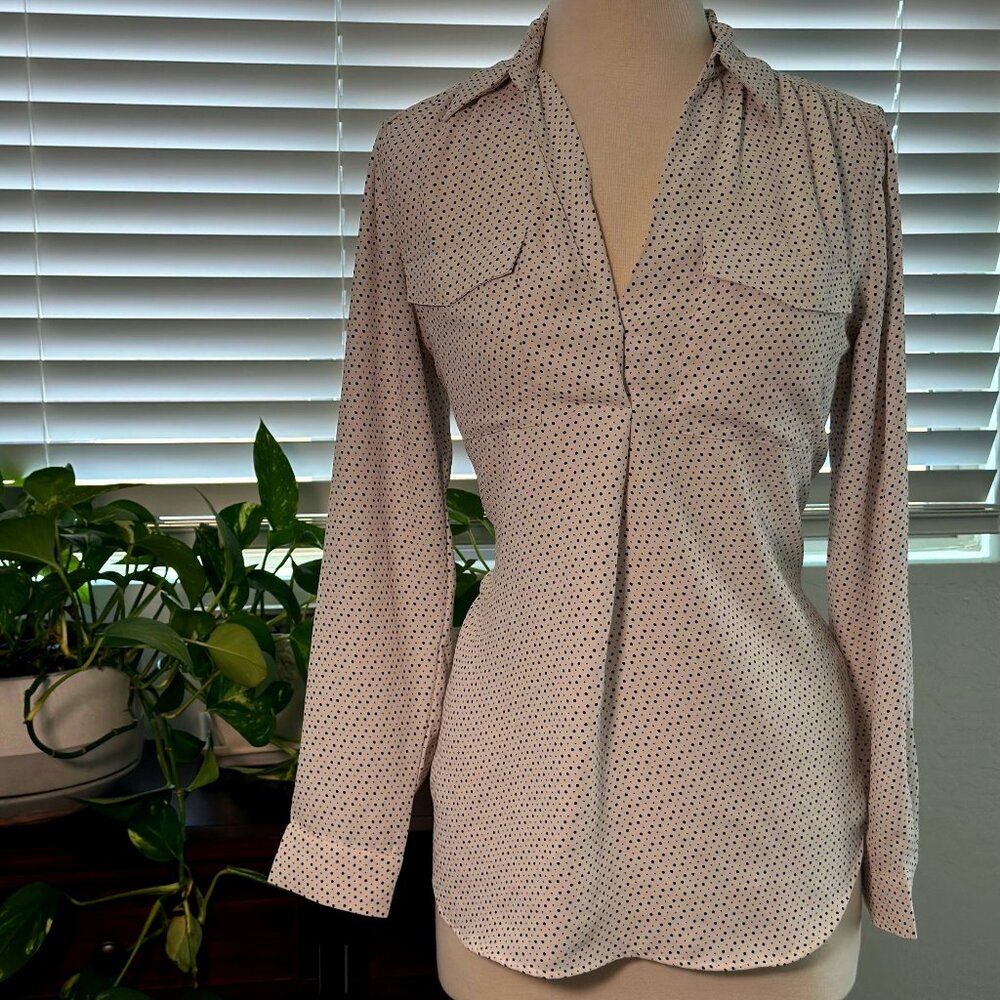 Ann Taylor - White&Black Polka Dot Long Sleeve Blouse - Small